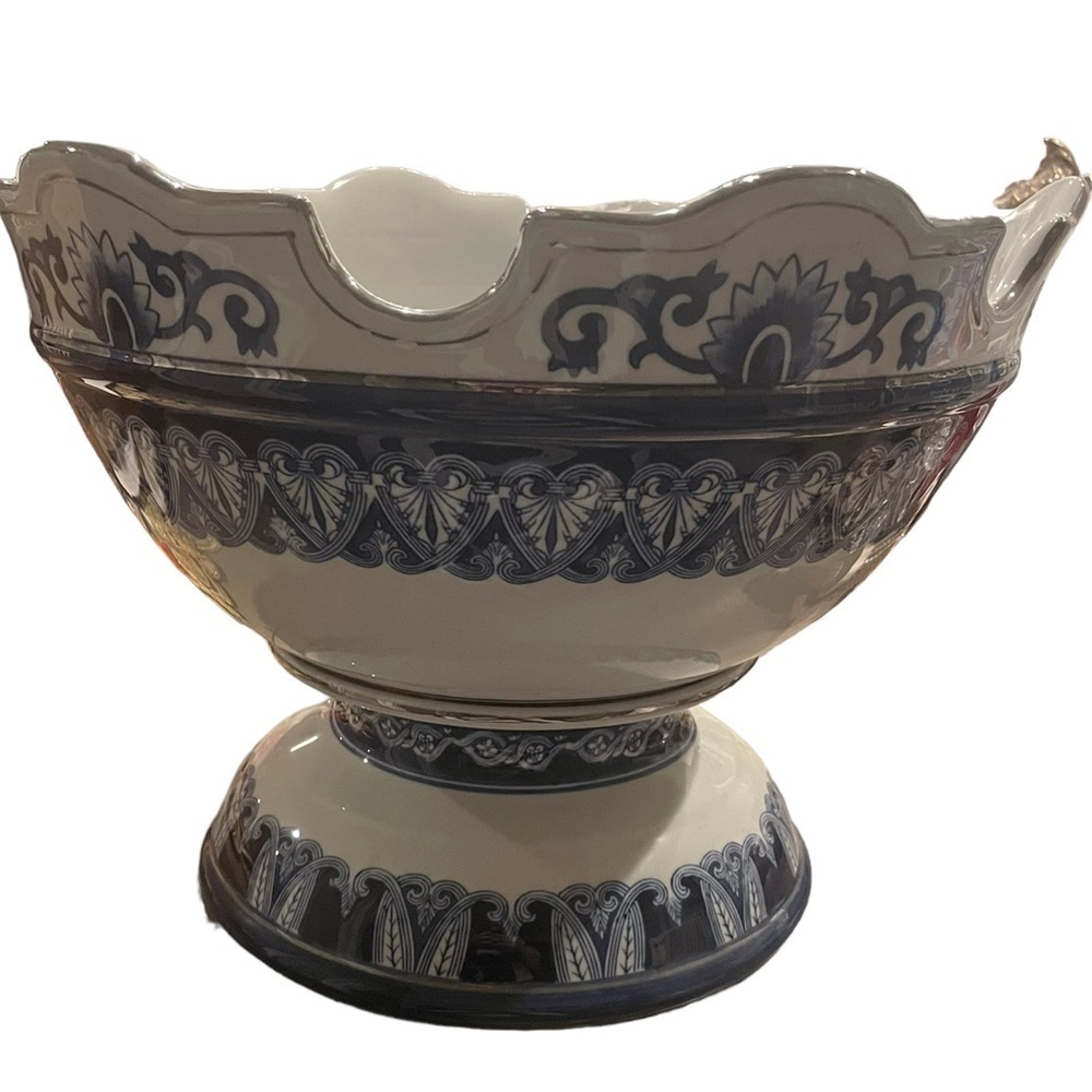 Vintage RARE Bombay Co Blue White Cobalt Tile Pattern Pedestal Punch Bowl